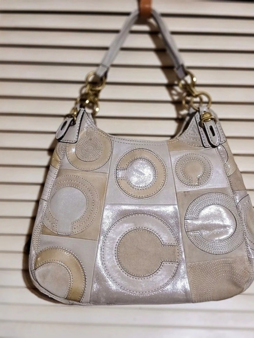 Coach Mia Inlaid C Maggie Hobo Shoulder Bag Cream & Beige